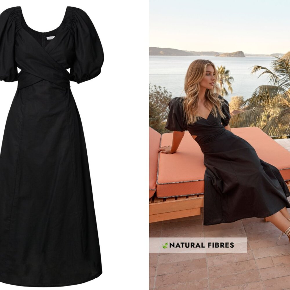 Puff Sleeve Cut Out Midi Dress in Black SHOWPO